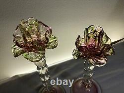 Hand-Blown Venetian Glass Floral Floriform Candlesticks Pair Roses Pink Green