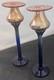 Handblown Art Nouveau Glass Candle Holders Set Of 2 Cobalt Blue & Marigold 10