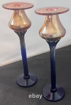 Handblown Art Nouveau Glass Candle Holders Set of 2 Cobalt Blue & Marigold 10 Handblown Art Nouveau Glass Candle Holders Set of 2 Cobalt Blue & Marigold 10