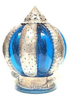 Hanging Glass Moroccan Style Lantern Candle Holder Blue Hand Made Zenda Imports