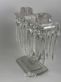 Heisey Double Candle Holder Pair with Crystal Prims Candelabra Bobeche Deco