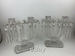 Heisey Double Candle Holder Pair with Crystal Prims Candelabra Bobeche Deco