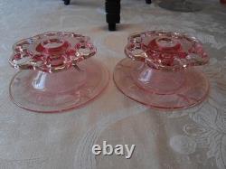 Hocking Open Lace pink depression glass candle stick holders