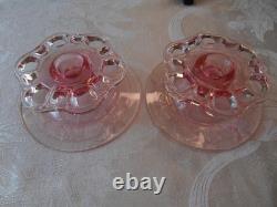 Hocking Open Lace pink depression glass candle stick holders
