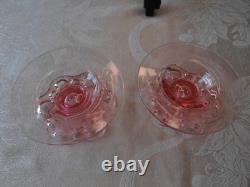 Hocking Open Lace pink depression glass candle stick holders