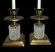 Holllywood Regency Brass Diamond Cut Glass Candle Candlestick Holders Set Of 2