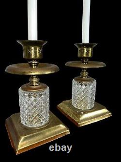 Holllywood Regency Brass Diamond Cut Glass Candle Candlestick Holders Set of 2