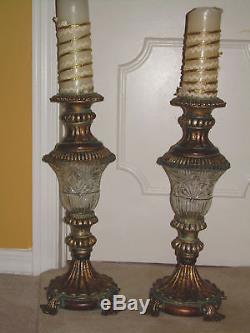 Hollywood Regency Tall Glass Candle Holders Pair