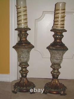 Hollywood Regency Tall Glass Candle Holders Pair