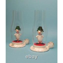 Holt Howard Snowmen VTG Candle Holders Glass Hurricanes Original Boxes Japan