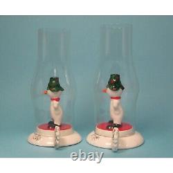 Holt Howard Snowmen VTG Candle Holders Glass Hurricanes Original Boxes Japan