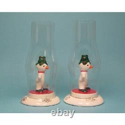 Holt Howard Snowmen VTG Candle Holders Glass Hurricanes Original Boxes Japan