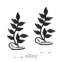 Home Room Decor 2 Iron Leaf Tea Light Wall Sconces Candle Holder Glass Cup Gift