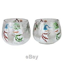 Home-X Snowmen Candleholders. Crackle Glass Candle Holders. Set of 2, New