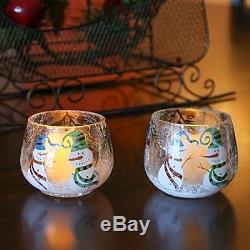 Home-X Snowmen Candleholders. Crackle Glass Candle Holders. Set of 2, New