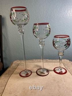 Home for the Holidays Hand Painted Poinsettia Glass Candle Holders Set of 3