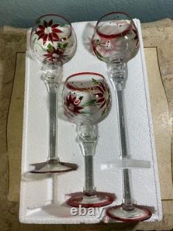Home for the Holidays Hand Painted Poinsettia Glass Candle Holders Set of 3