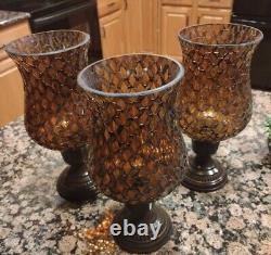 Hurricane Candel Holder Sconce Mosaic Crackle Glass 10x5 Amber Brown Set Of 3