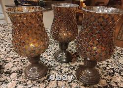 Hurricane Candel Holder Sconce Mosaic Crackle Glass 10x5 Amber Brown Set Of 3