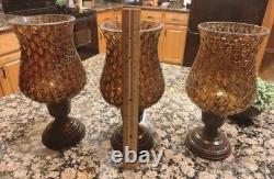 Hurricane Candel Holder Sconce Mosaic Crackle Glass 10x5 Amber Brown Set Of 3