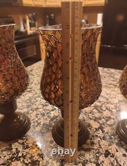 Hurricane Candel Holder Sconce Mosaic Crackle Glass 10x5 Amber Brown Set Of 3