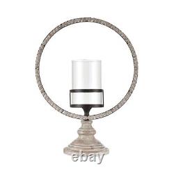 Hurricane Candle Holder within Thin Ring made of Fir Wood Glass Metal in