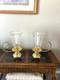 Hurricane Cut Crystal Vtg 13' Pair Taper Candle Holders Glass Brass Handle Heavy