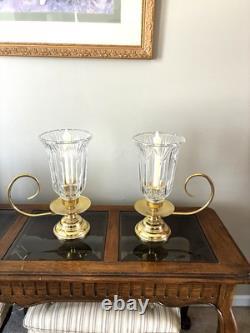 Hurricane Cut Crystal Vtg 13' Pair Taper Candle Holders Glass Brass Handle Heavy