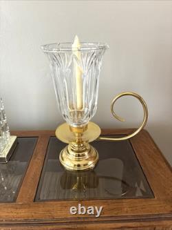 Hurricane Cut Crystal Vtg 13' Pair Taper Candle Holders Glass Brass Handle Heavy