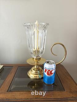 Hurricane Cut Crystal Vtg 13' Pair Taper Candle Holders Glass Brass Handle Heavy