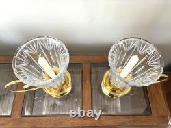 Hurricane Cut Crystal Vtg 13' Pair Taper Candle Holders Glass Brass Handle Heavy