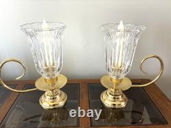 Hurricane Cut Crystal Vtg 13' Pair Taper Candle Holders Glass Brass Handle Heavy