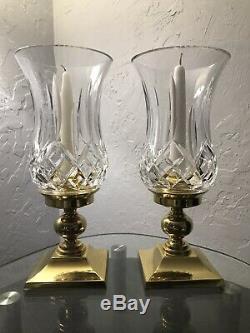 Iconic Pair Waterford Lismore Hurricane Brass & Crystal Candle Holders Vintage