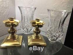 Iconic Pair Waterford Lismore Hurricane Brass & Crystal Candle Holders Vintage