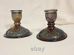 Imperial Glass Grape & Leaf Amethyst Carnival Glass Candle Holders VINTAGE RARE