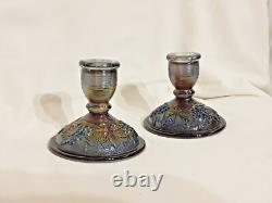 Imperial Glass Grape & Leaf Amethyst Carnival Glass Candle Holders VINTAGE RARE