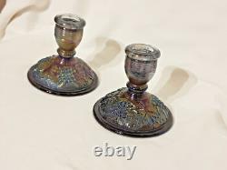 Imperial Glass Grape & Leaf Amethyst Carnival Glass Candle Holders VINTAGE RARE