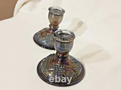 Imperial Glass Grape & Leaf Amethyst Carnival Glass Candle Holders VINTAGE RARE