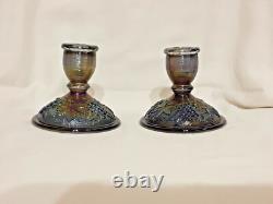 Imperial Glass Grape & Leaf Amethyst Carnival Glass Candle Holders VINTAGE RARE