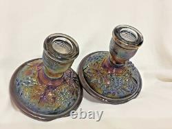 Imperial Glass Grape & Leaf Amethyst Carnival Glass Candle Holders VINTAGE RARE