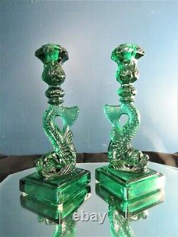 Imperial Glass Mma Metropolitan Museum Of Art Koi Fish Green Candlesticks Set 2