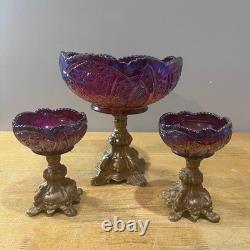 Indiana Glass Carnival Sunset Red Heirloom Compote & Candle Holders Iridescent