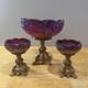 Indiana Glass Carnival Sunset Red Heirloom Compote & Candle Holders Iridescent