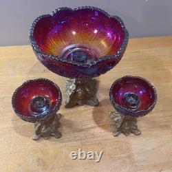 Indiana Glass Carnival Sunset Red Heirloom Compote & Candle Holders Iridescent
