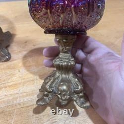 Indiana Glass Carnival Sunset Red Heirloom Compote & Candle Holders Iridescent