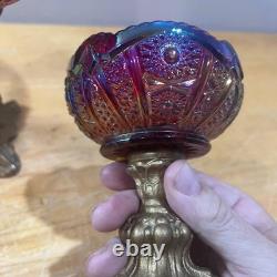 Indiana Glass Carnival Sunset Red Heirloom Compote & Candle Holders Iridescent