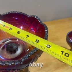 Indiana Glass Carnival Sunset Red Heirloom Compote & Candle Holders Iridescent