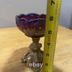 Indiana Glass Carnival Sunset Red Heirloom Compote & Candle Holders Iridescent