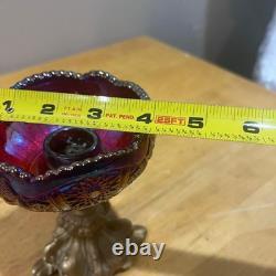 Indiana Glass Carnival Sunset Red Heirloom Compote & Candle Holders Iridescent