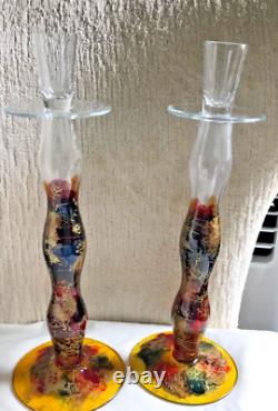 Irimiea PAINTED GLASS Abstract Candle holders SET Red Blues Golds 14Romania